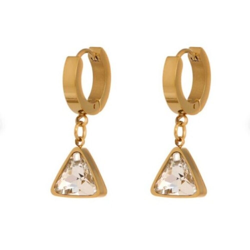 Gold Plated PVD Stainless Steel Cubic Zirconia Triangular Hoop Earrings